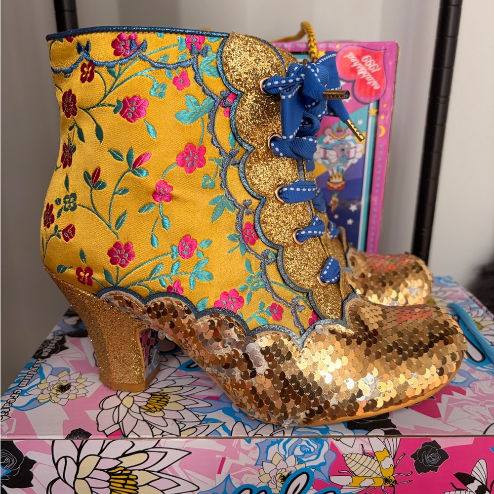 Irregular Choice Gold Sequin Boots with Blue Accents✨